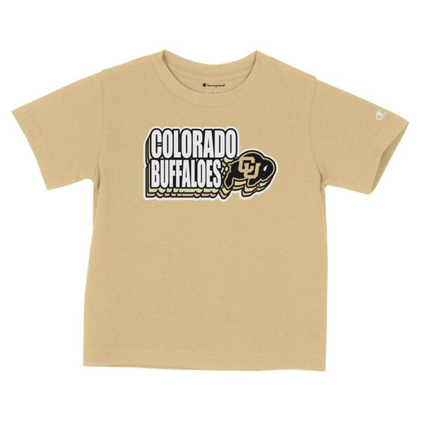 Vegas gold youth T-shirt with bold “Colorado Buffaloes” text and CU Buffaloes logo across the chest, Champion logo on left sleeve.